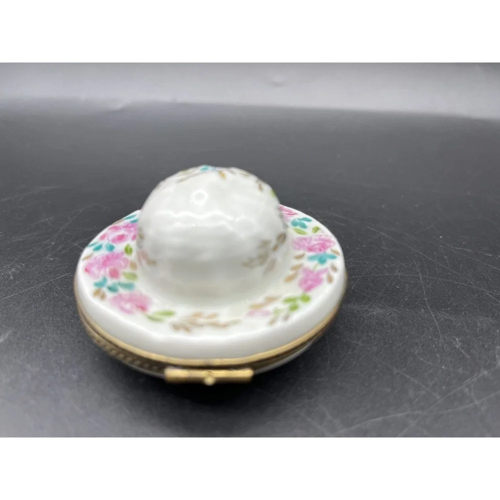 Vintage LIMOGES France Peint a la Main SUN Hat TRINKET BOX Floral Signed